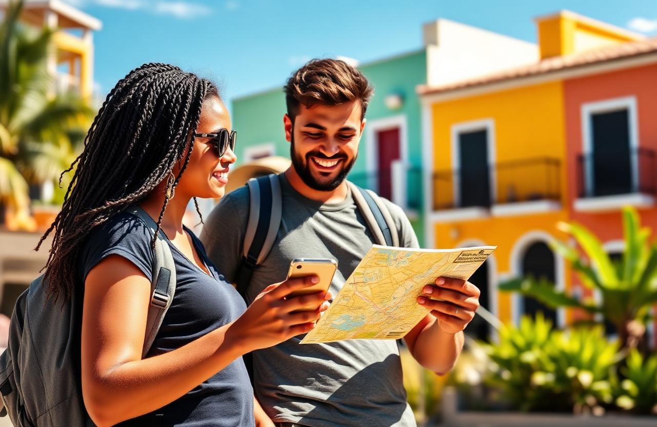 Couple using RYDR app while exploring the Caribbean