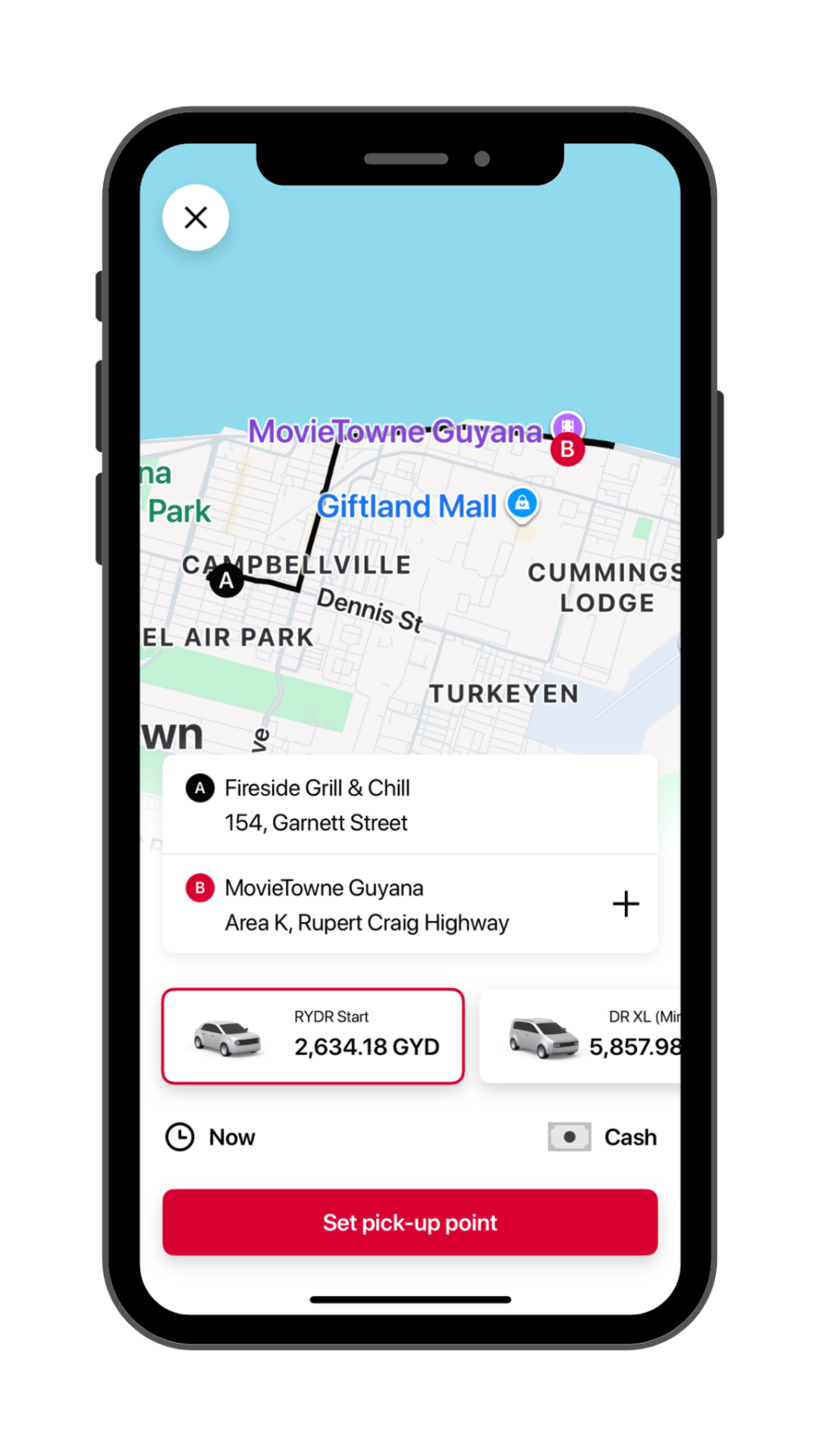 RYDR Guyana app pickup screen