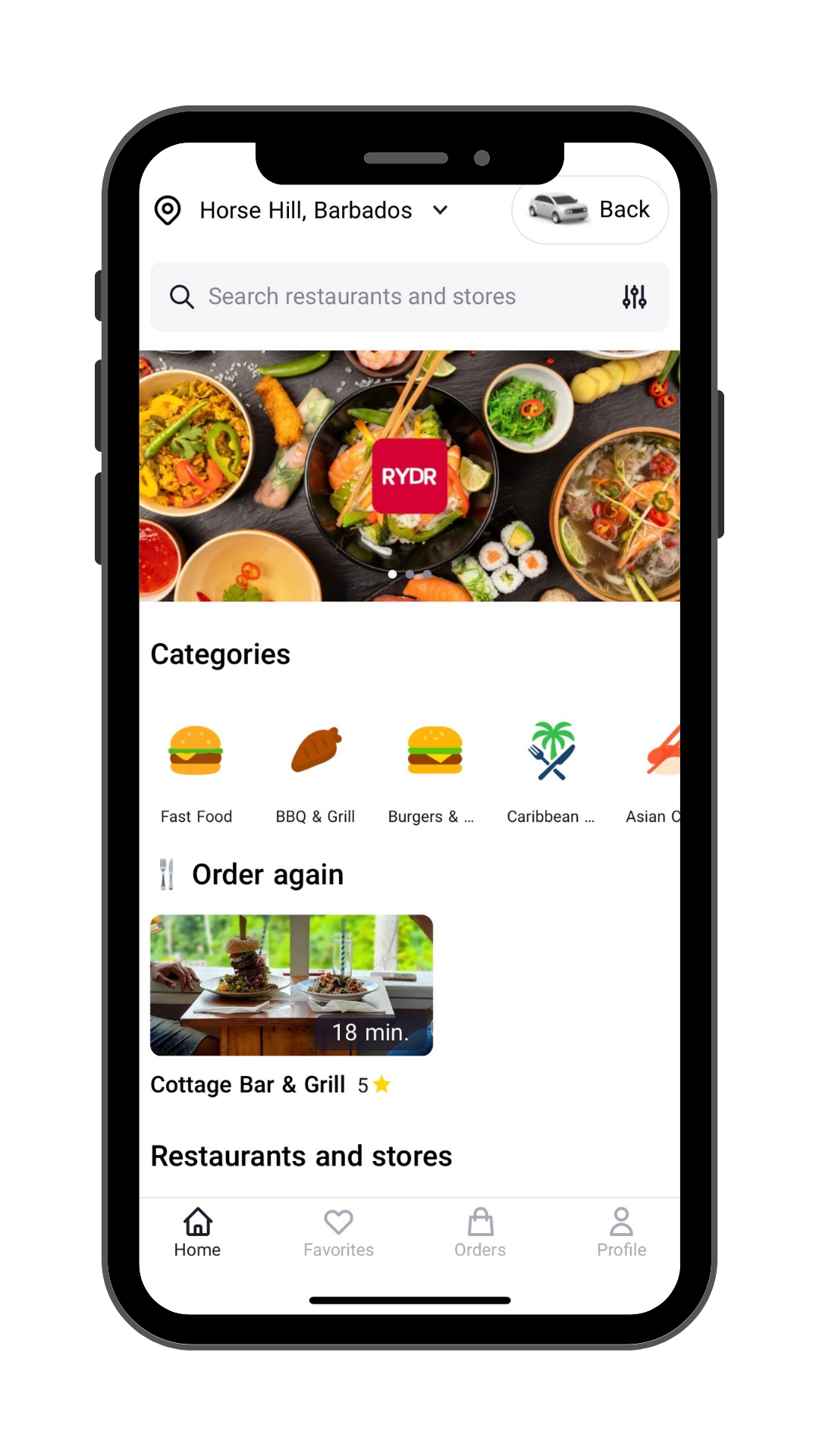 RYDR Go food delivery app screen