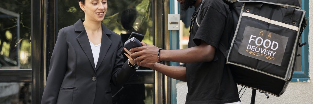 Workplace food delivery, smartphone pos terminal payment
